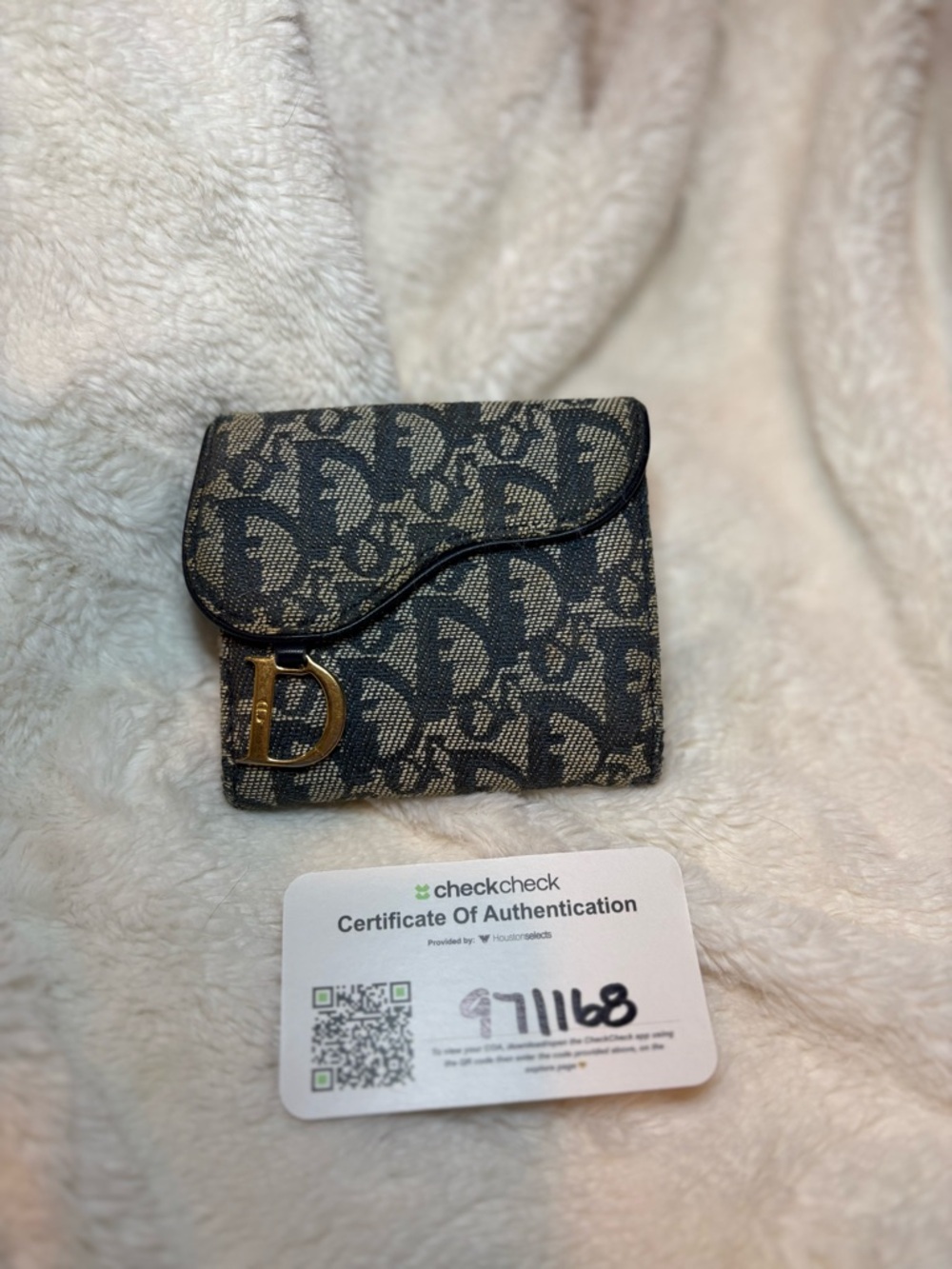 Dior Navy & Beige Monogram Mini Wallet with Gold 'D' Accent